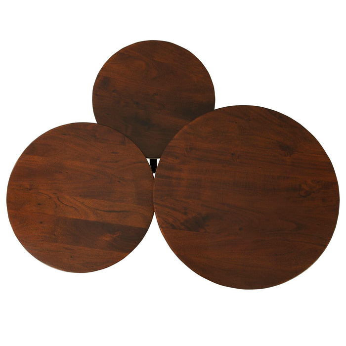 Modern Coffee Table with 3 Tier Wooden Top and Boomerang Legs, Brown and Black