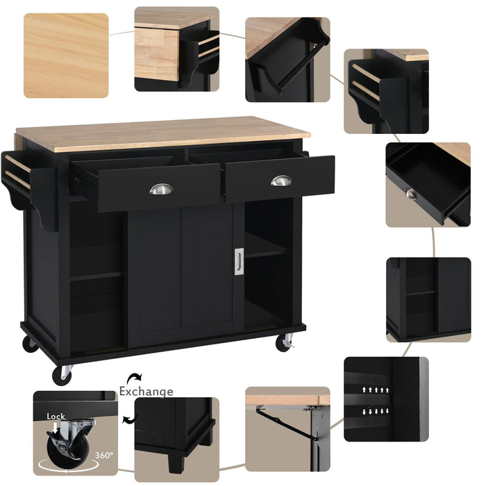 Kitchen Cart with Rubber wood Drop-Leaf Countertop, Concealed sliding barn door adjustable height,Kitchen Island on 4 Wheels withStorage Cabinet and 2 Drawers,L52.2xW30.5xH36.6 inch, Black