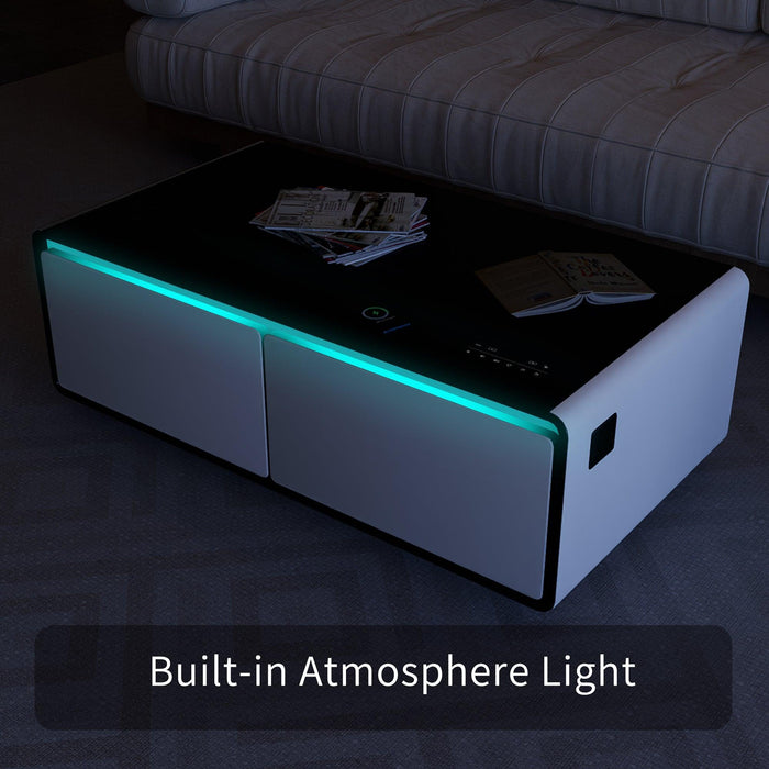 Modern Smart Coffee Table with Built-in Fridge, Bluetooth Speaker, Wireless Charging Module, Touch Control Panel, Power Socket, USB Interface, Outlet Protection, Atmosphere light, and More