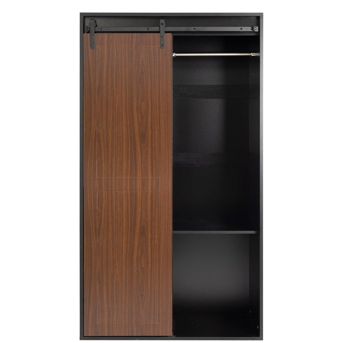 71-inch High wardrobe and cabinet , Clothes Locker，classic sliding barn door armoire, lockers, for bedrooms, cloakrooms, living rooms, color: black +brown