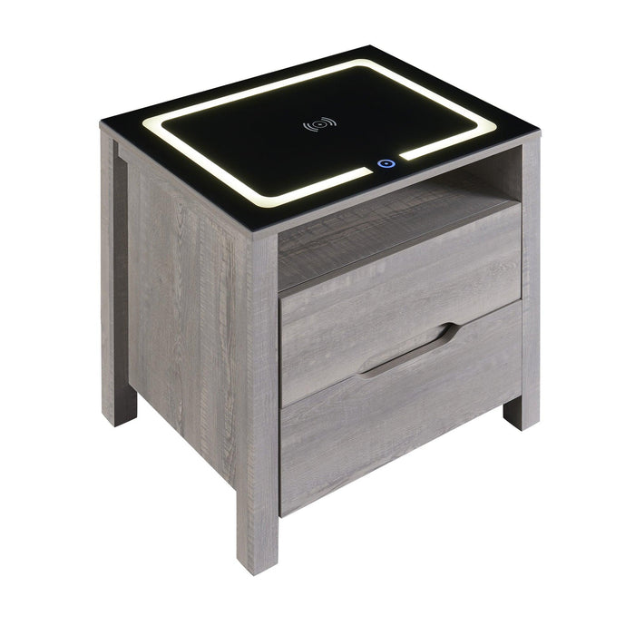 MultifunctionalStorage Nightstand with 2 Drawers and an open shelf, Wireless Charging with adjustable LED, Brown