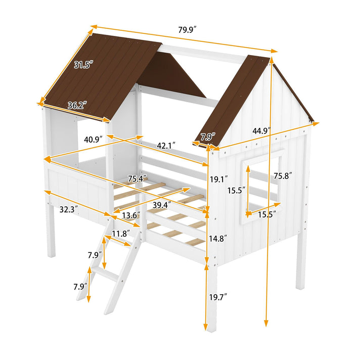 Twin Size Low Loft Wood House Bed with Two Side Windows  (White+Brown)