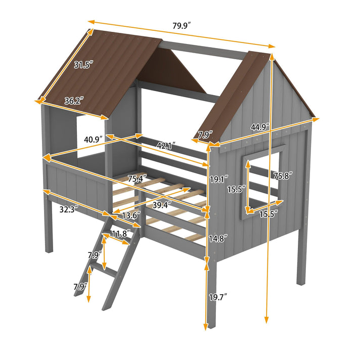 Twin Size Low Loft Wood House Bed with Two Side Windows  (Gray +Brown)