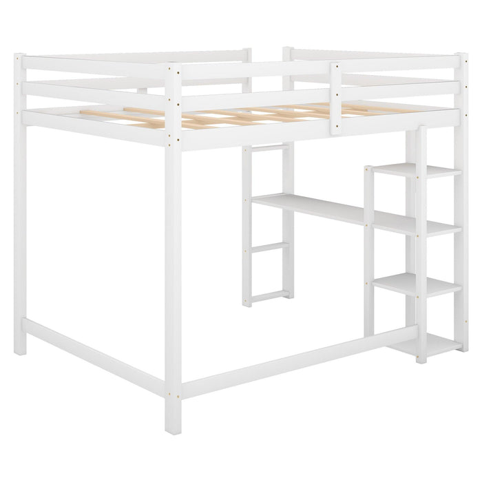 Full Size Loft Bed with Built-in Desk and Shelves,White