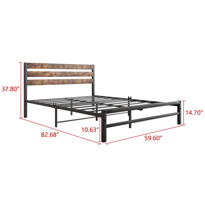 Queen Size Platform Bed Frame with Rustic Vintage Wood Headboard, Strong Metal Slats Support Mattress Foundation, No Box Spring Needed Rustic Brown