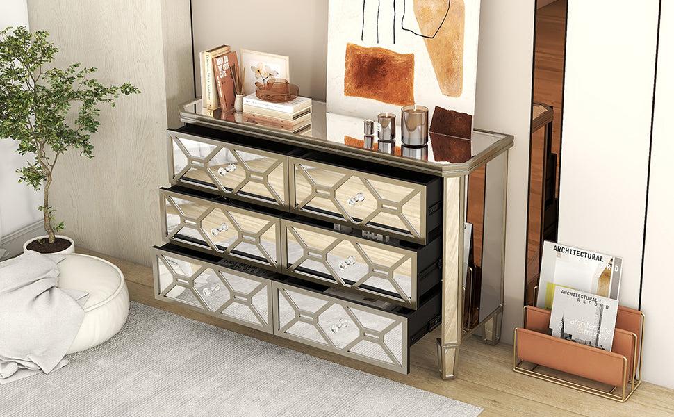 Elegant Mirrored 6-Drawer Dresser with Golden LinesStorage Cabinet for Living Room, Hallway, Entryway