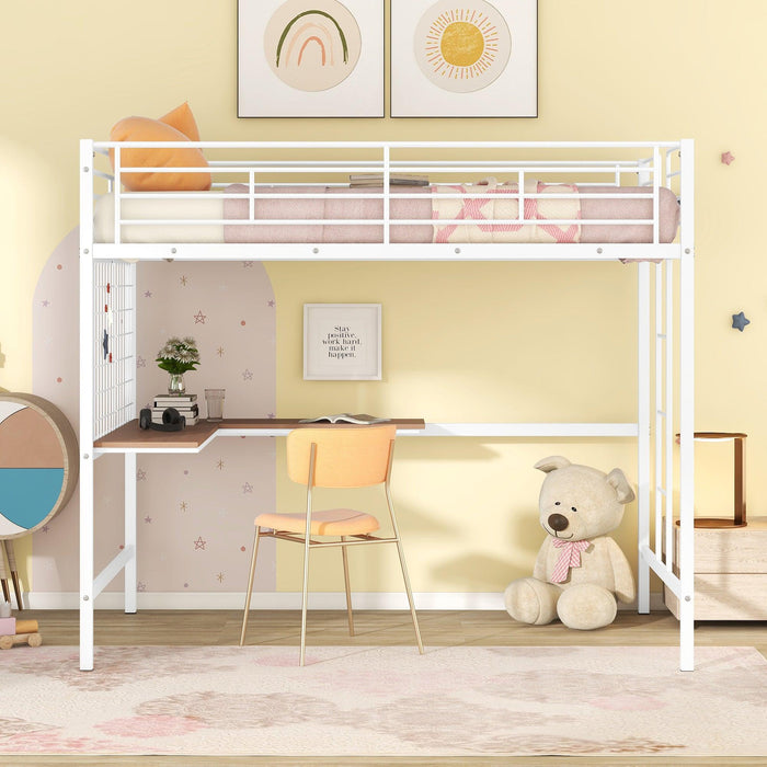 Full Metal Loft Bed with Desk and Metal Grid, White