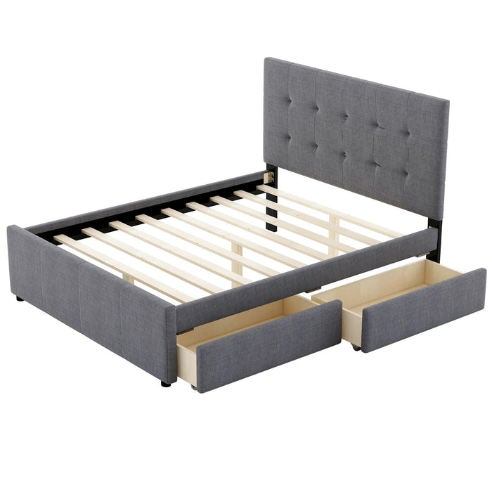 Queen Size Linen Upholstered Platform Bed With Headboard and Two Drawers,Gray