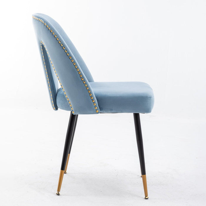 Akoya CollectionModern | Contemporary Velvet Upholstered Dining Chair with Nailheads and Gold Tipped Black Metal Legs, Light Blue，Set of 2