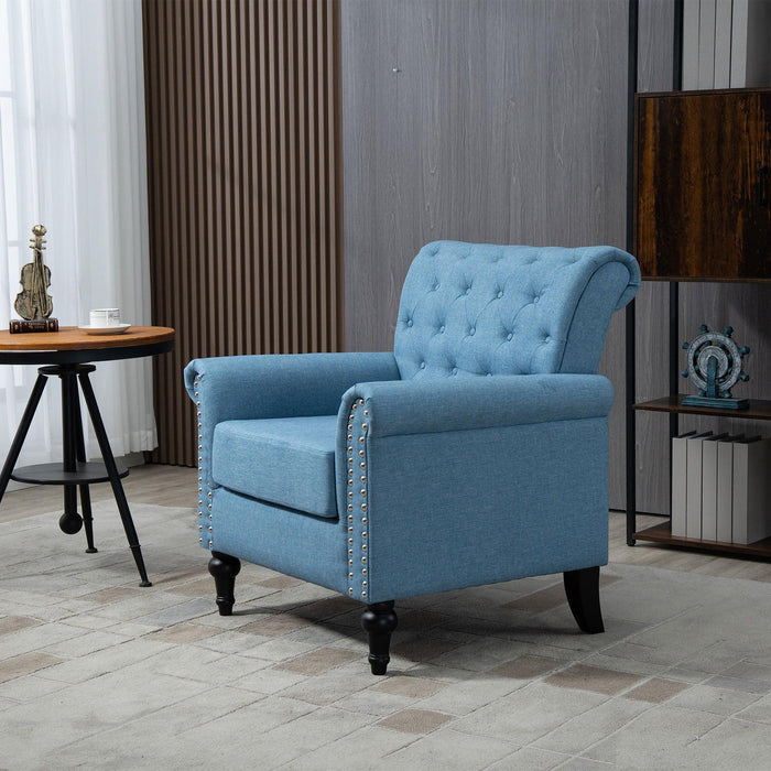 Mid-CenturyModern Accent Chair, Linen Armchair w/Tufted Back/Wood Legs, Upholstered Lounge Arm Chair Single Sofa for Living Room Bedroom,Light Blue