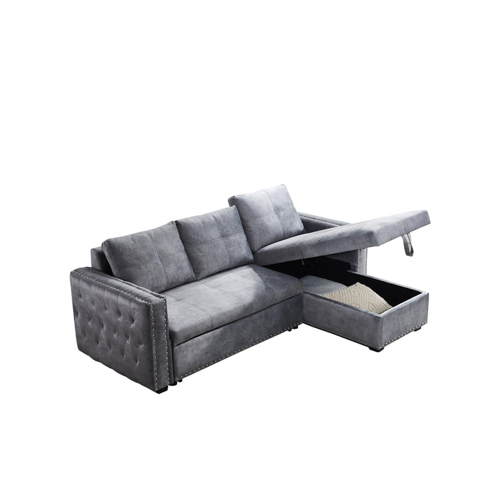 Sectional sofa with pulled out bed,  2 seats sofa and reversible chaise withStorage, both hands with copper nail, GREY, (91" x 64" x 37")