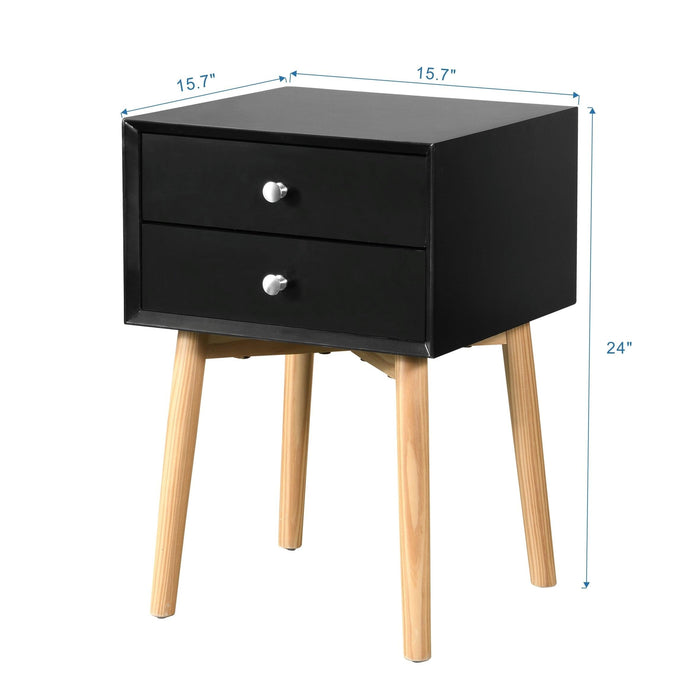 Side Table,Bedside Table with 2 Drawers and Rubber Wood Legs, Mid-CenturyModernStorage Cabinet for Bedroom Living Room, Black