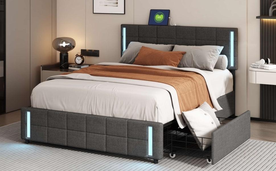 Queen Size Upholstered Platform Bed with LED Lights and USB Charging,Storage Bed with 4 Drawers, Dark Gray