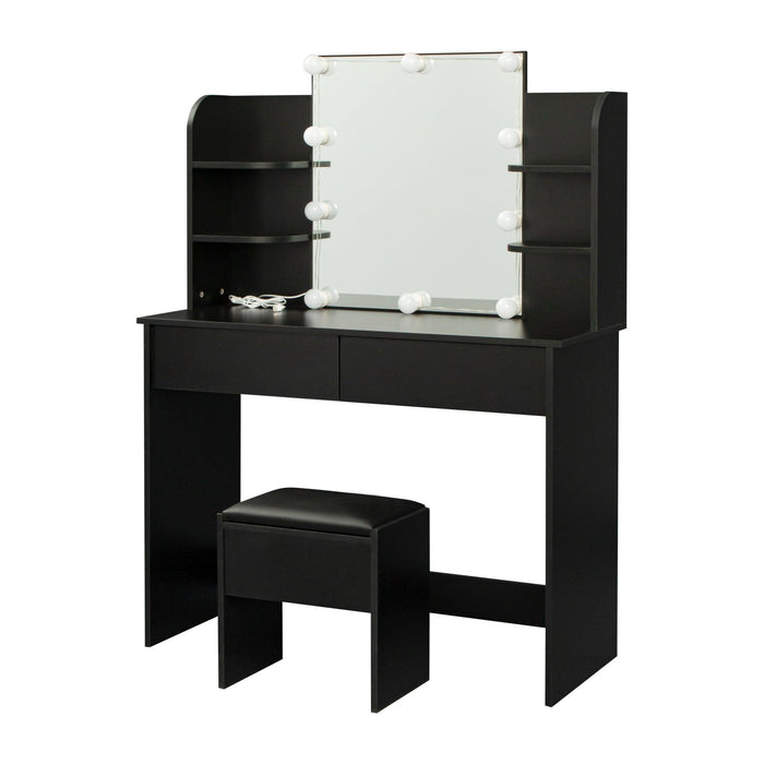 Modern Dressing table with 2 Drawers, 4 open shelves，Rectangular Makeup Table with Mirror, 10-lamp bulb,,42.52*15.75* 52.76inch,for Bedroom, Black