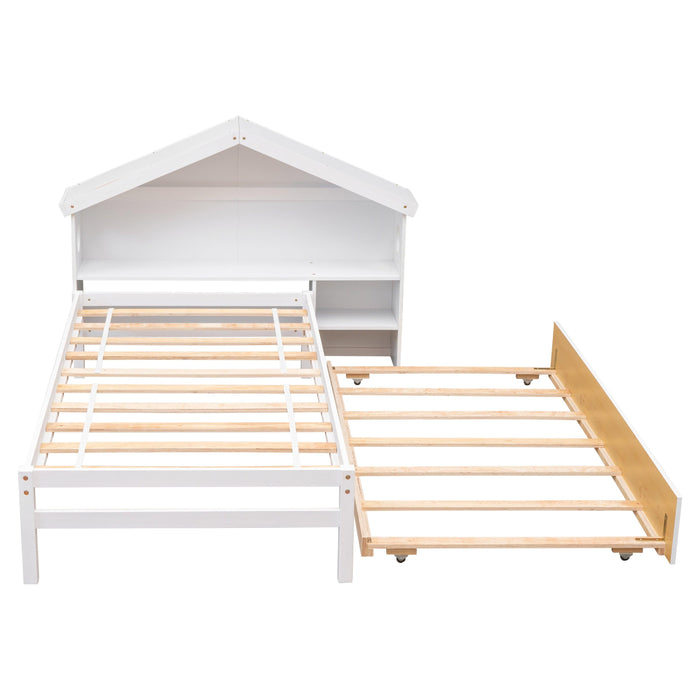 TwinStorage House Bed for kids with Bedside Table, Trundle, White