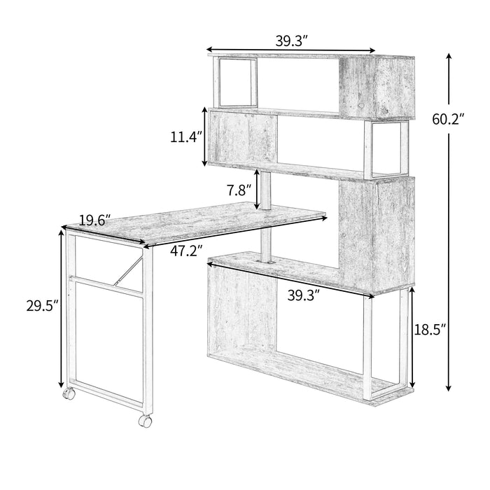 Home Office Computer Desk L-Shaped Corner Table, Rotating Computer Table with 5-Tier Bookshelf, Four Installation Methods, Lockable Casters (Tiger)