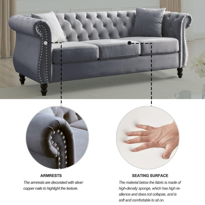 80" Chesterfield Sofa Grey Velvet for Living Room, 3 Seater Sofa Tufted Couch with Rolled Arms and Nailhead for Living Room, Bedroom, Office, Apartment, two pillows