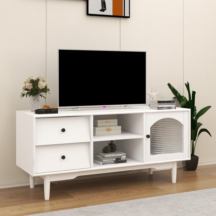 Living Room White TV Stand with Drawers and Open Shelves, A Cabinet with Glass Doors forStorage