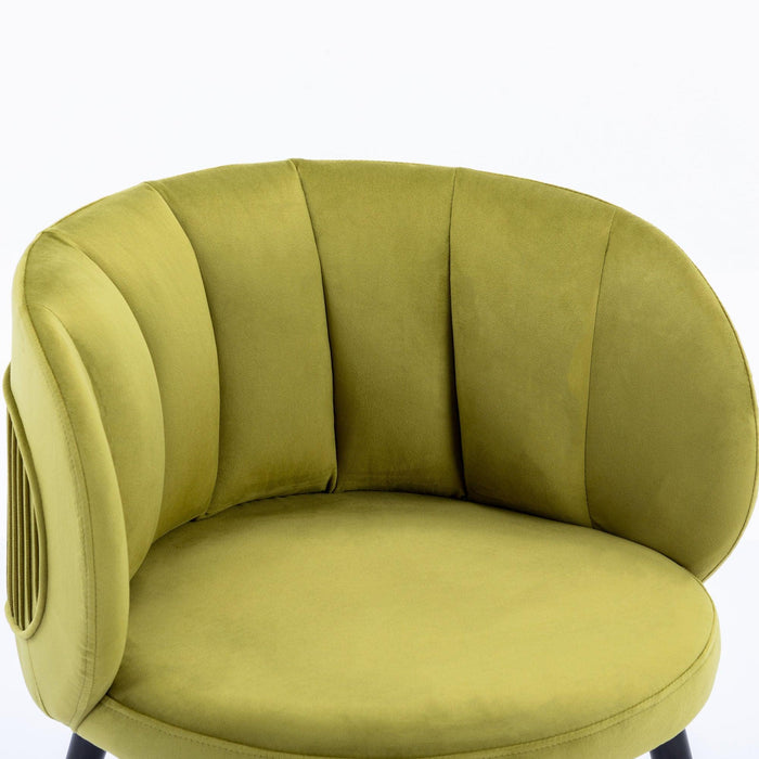 Olive Green Velvet lounge chair, black metal feet, unique back design, suitable for office, living room, bedroom