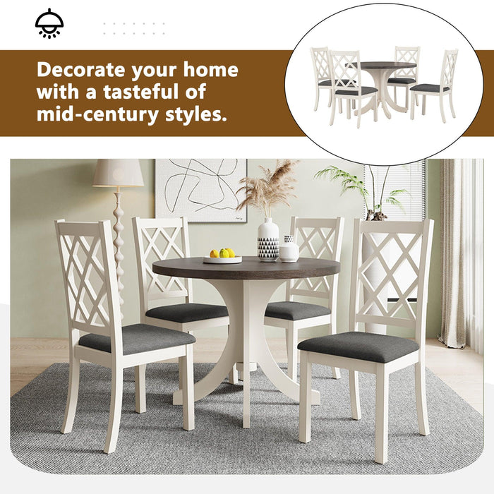 Mid-Century Solid Wood 5-Piece Round Dining Table Set, Kitchen Table Set with Upholstered Chairs for Small Places, Brown Table+Gray Chair