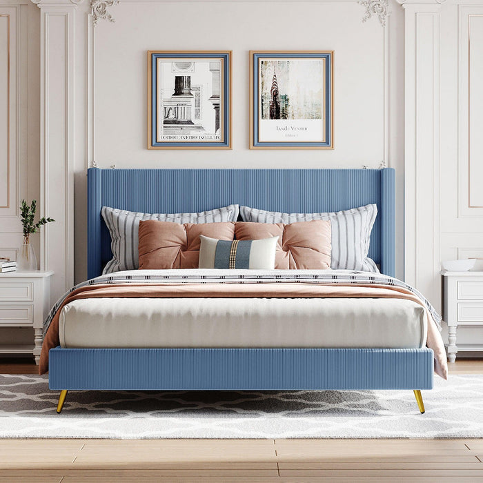 Queen Size Corduroy Platform Bed with Metal Legs, Blue