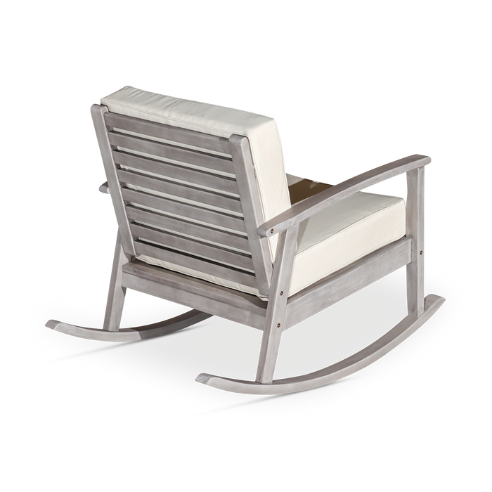 Eucalyptus Rocking Chair with Cushions, Silver Gray Finish, Burgundy Cushions