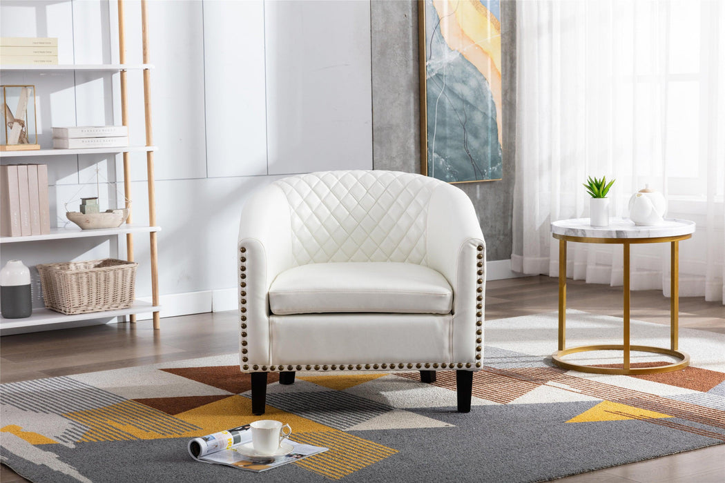 accent Barrel chair living room chair with nailheads and solid wood legs  white  pu leather