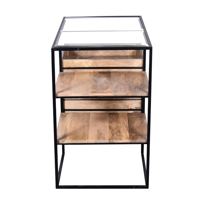 35 Inch HandcraftedModern Glass Table,Storage Shelves, 3 Drawers, Metal Frame, Natural Brown and Black