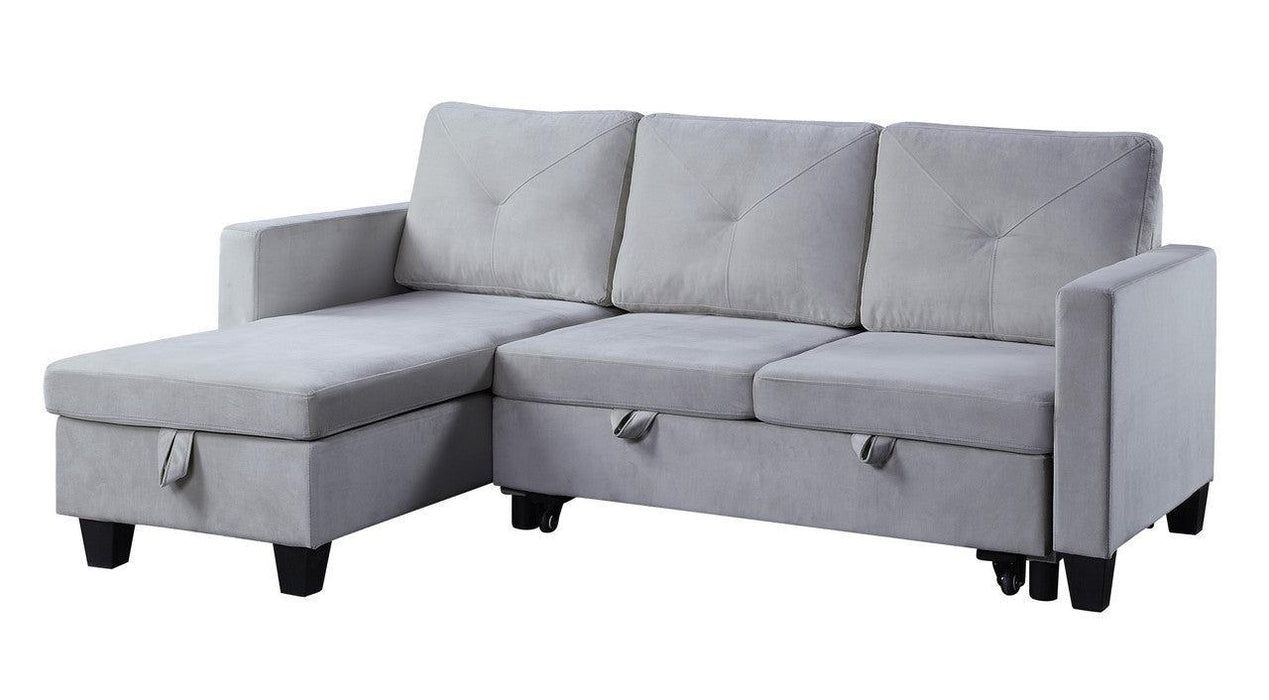 Nova Light Gray Velvet Reversible Sleeper Sectional Sofa withStorage Chaise