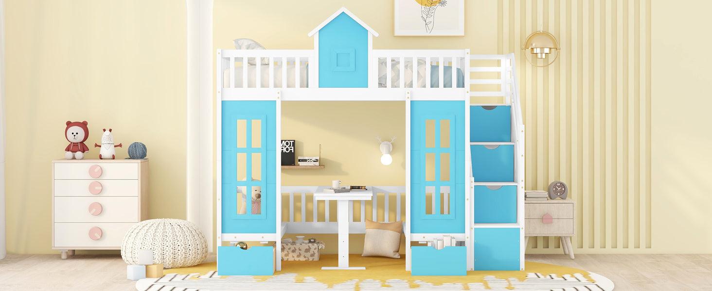 Twin-Over-Twin Bunk Bed with Changeable Table , Bunk Bed  Turn into Upper Bed and Down Desk with 2 Drawers - Blue