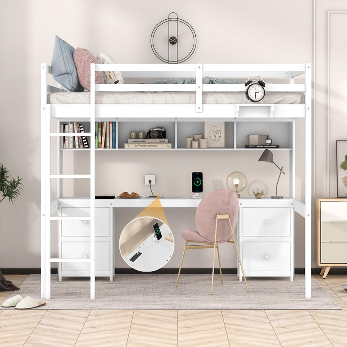 Full Size Loft Bed with Desk, Cabinets, Drawers and Bedside Tray, Charging Station, White