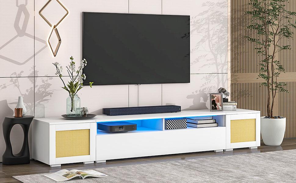 Rattan Style Entertainment Center with Push to Open Doors, 3-pics Extended TV Console Table for TVs Up to 90”,Modern TV Stand with Color Changing LED Lights for  Home Theatre, White