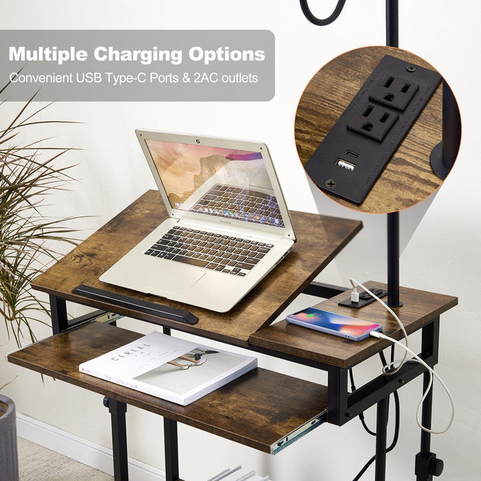 Desk with Floor Lamp, Wheels, Keyboard Tray