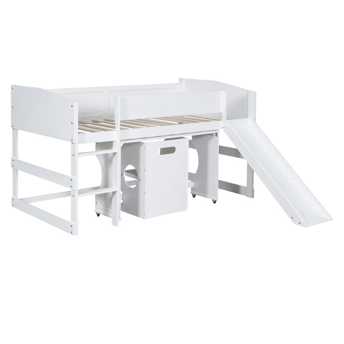 Low Study Twin Loft Bed with Rolling Portable Desk and Chair,Multiple Functions Bed- White