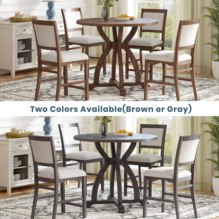 Farmhouse 5-Piece Round Dining Table Set with Trestle Legs and 4 Upholstered Dining Chairs for Small Place, Gray