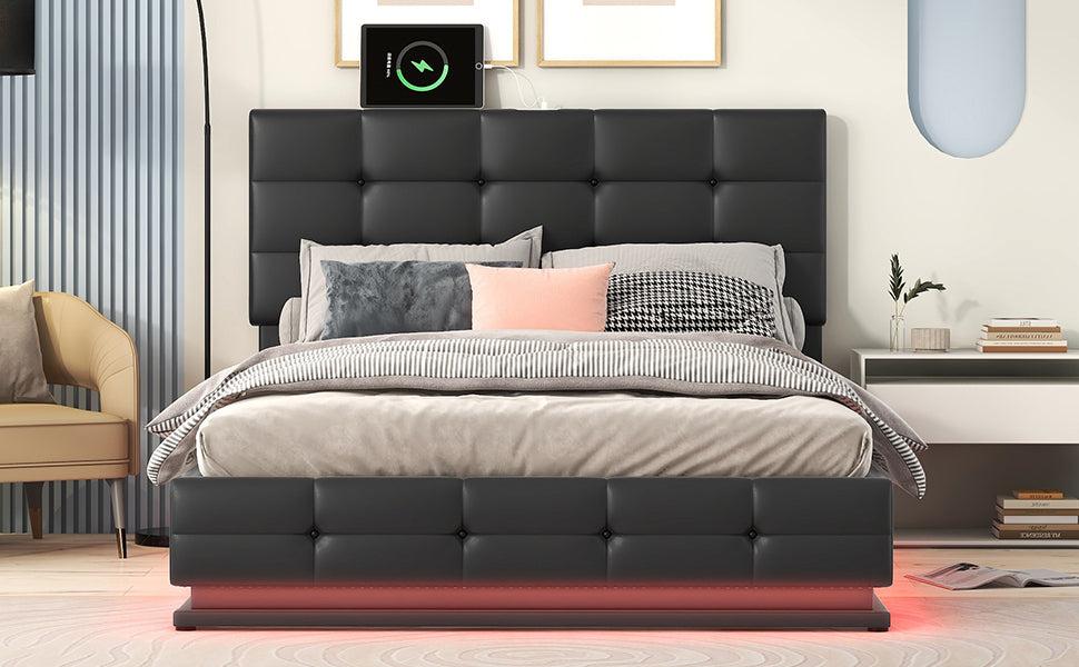 Full Size Tufted Upholstered Platform Bed with HydraulicStorage System,PUStorage Bed with LED Lights and USB charger, Black