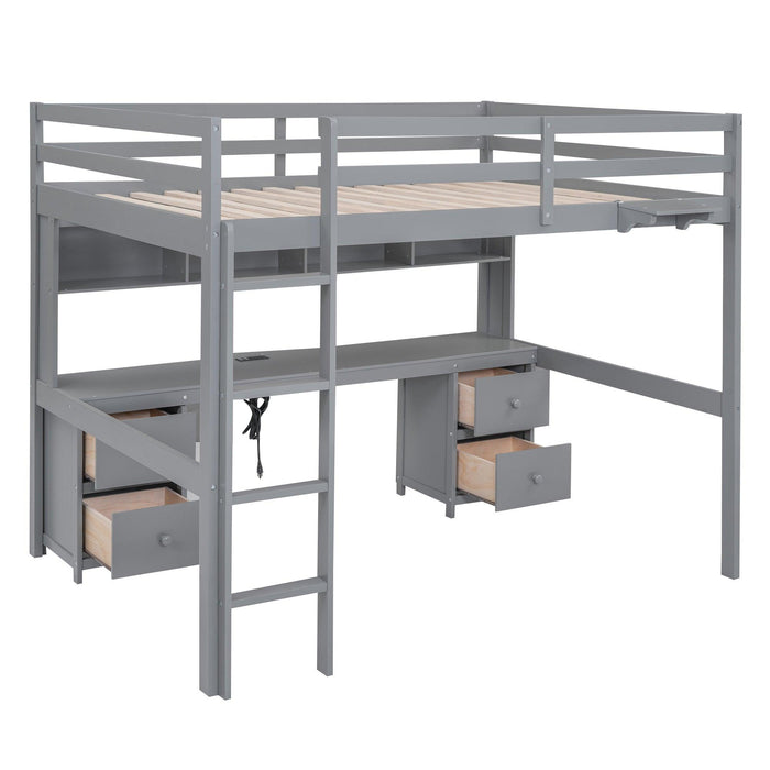 Full Size Loft Bed with Desk, Cabinets, Drawers and Bedside Tray, Charging Station, Gray