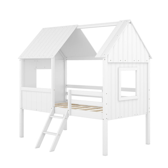 Twin Size Low Loft Wood House Bed with Two Side Windows  (White)