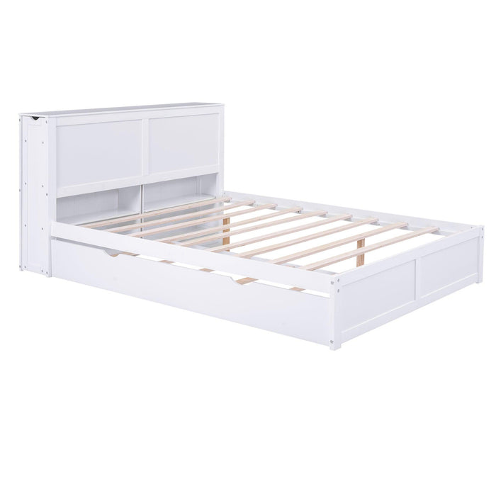 Queen SizeStorage Platform Bed with Pull Out Shelves and Twin Size Trundle, White