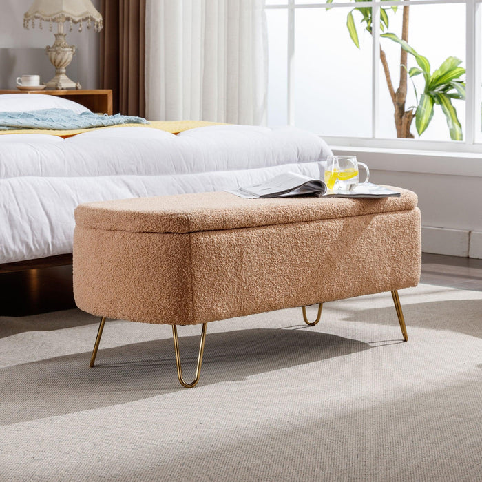 CamelStorage Ottoman Bench for End of Bed Gold Legs,Modern Camel Faux Fur Entryway Bench Upholstered Padded withStorage for Living Room Bedroom