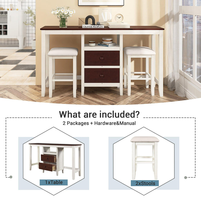 Farmhouse Rustic 3-piece Counter Height Wood Dining Table Set with 2Storage Drawers and 2 Stools for Small Places, White and Brown