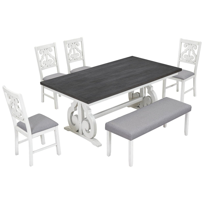 6-Piece Wooden Dining Table Set, Farmhouse Rectangular Dining Table, Four Chairs with Exquisitely Designed Hollow Chair Back and Bench for Home Dining Room (Gray+White)