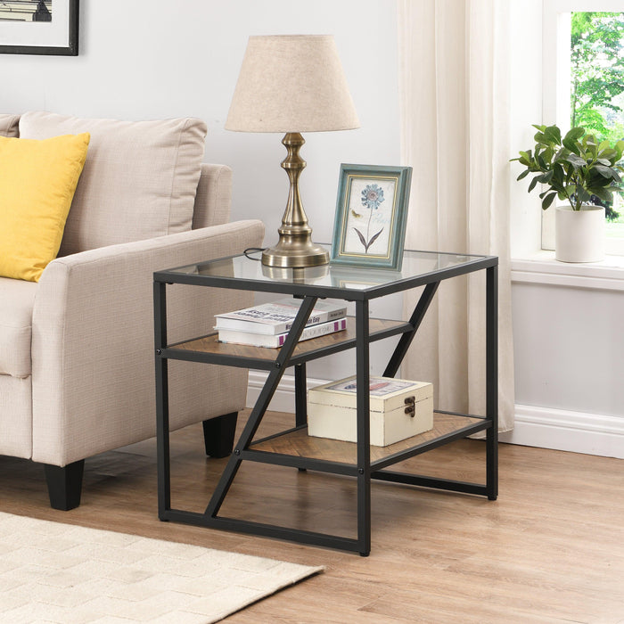 Black Side Table, End Table withStorage Shelf, Tempered Glass Coffee Table with Metal Frame for Living Room&Bed Room