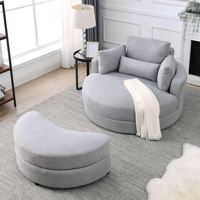 Swivel Accent BarrelModern Grey Sofa Lounge Club Big Round Chair withStorage Ottoman Linen Fabric for Living Room Hotel with Pillows