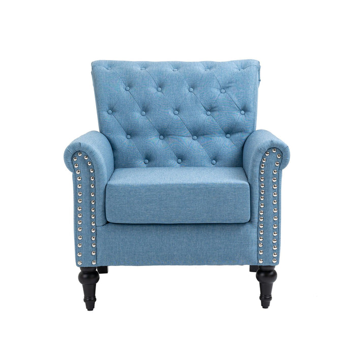 Mid-CenturyModern Accent Chair, Linen Armchair w/Tufted Back/Wood Legs, Upholstered Lounge Arm Chair Single Sofa for Living Room Bedroom,Light Blue