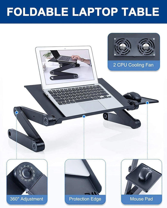 Adjustable Laptop Desk, Laptop Stand for Bed Portable Lap Desk Foldable Table Workstation Notebook Riser with Mouse Pad, Ergonomic Computer Tray Reading Holder Bed Tray Standing Desk, 2 Cooling Fan