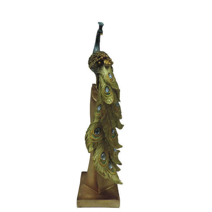 Polystone Decorative Peacock Figurine with Block Stand, Green and Gold