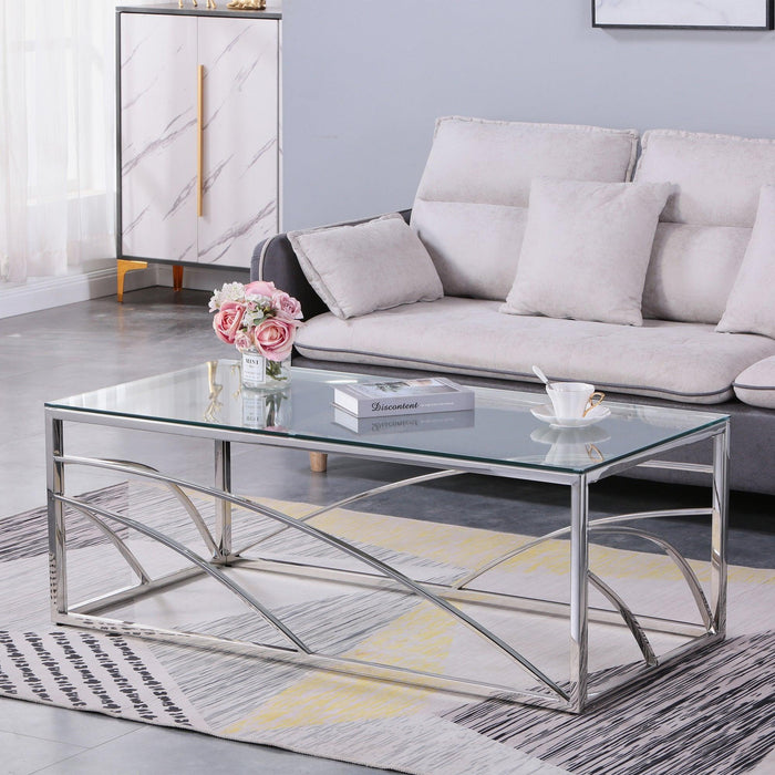 Stainless Steel Rectangular Accent Glass Coffee Table for Living Room- 46.8"Modern Sleek Center Table with Lounge Table with Clear Tempered Glass(Silver)