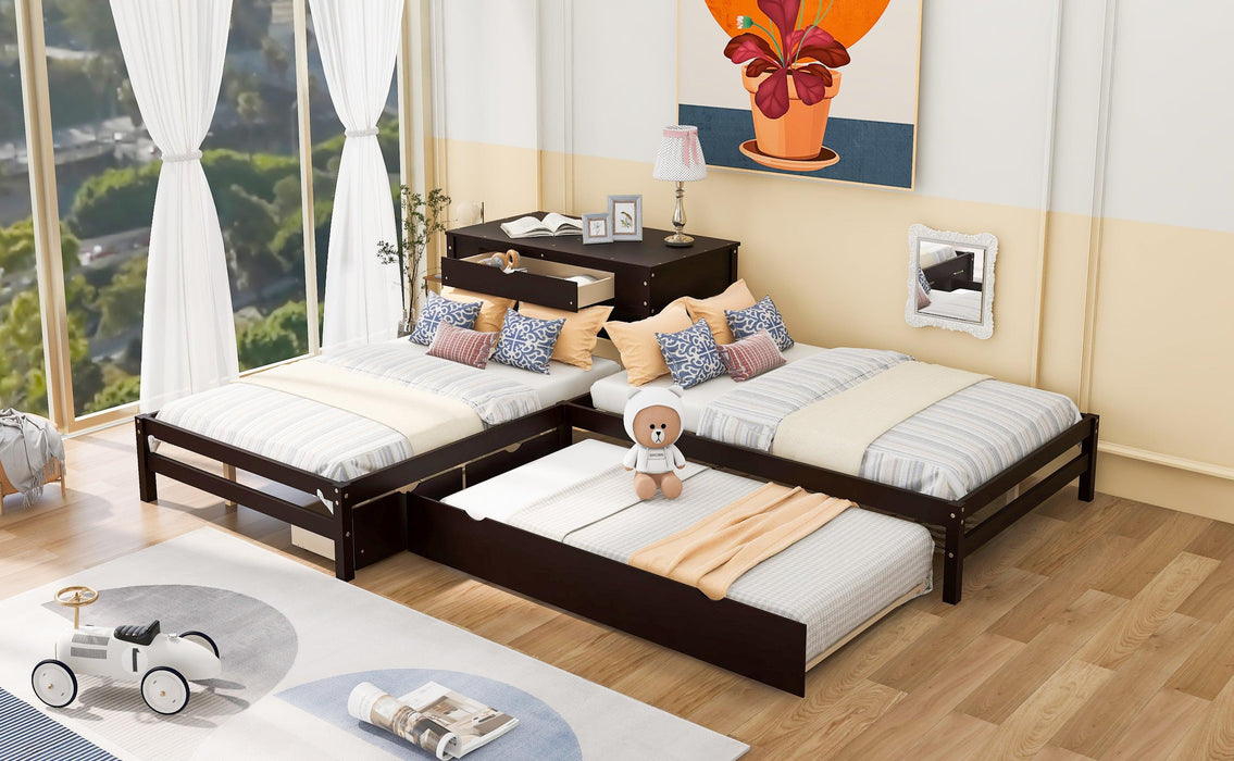 Full Size L-shaped Platform Beds with Twin Size Trundle and Drawers Linked with Built-in Rectangle Table,Espresso