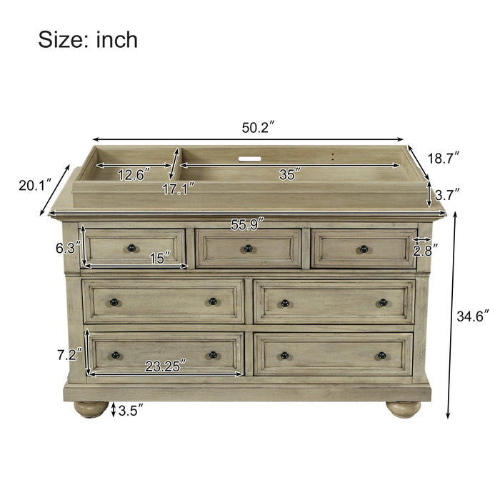 Solid Wood Seven-Drawer Dresser with Changing Topper for Nursery, Kid’s Room, Bedroom, Stone Gray